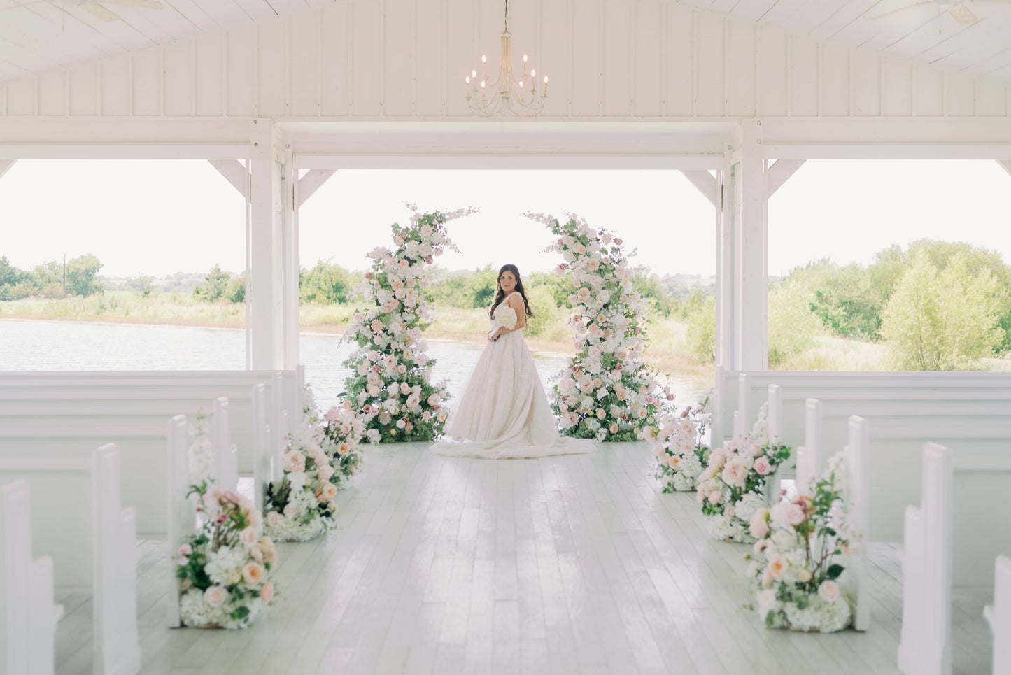 wedding-arch-rental-dallas-with-woman-in-chapel