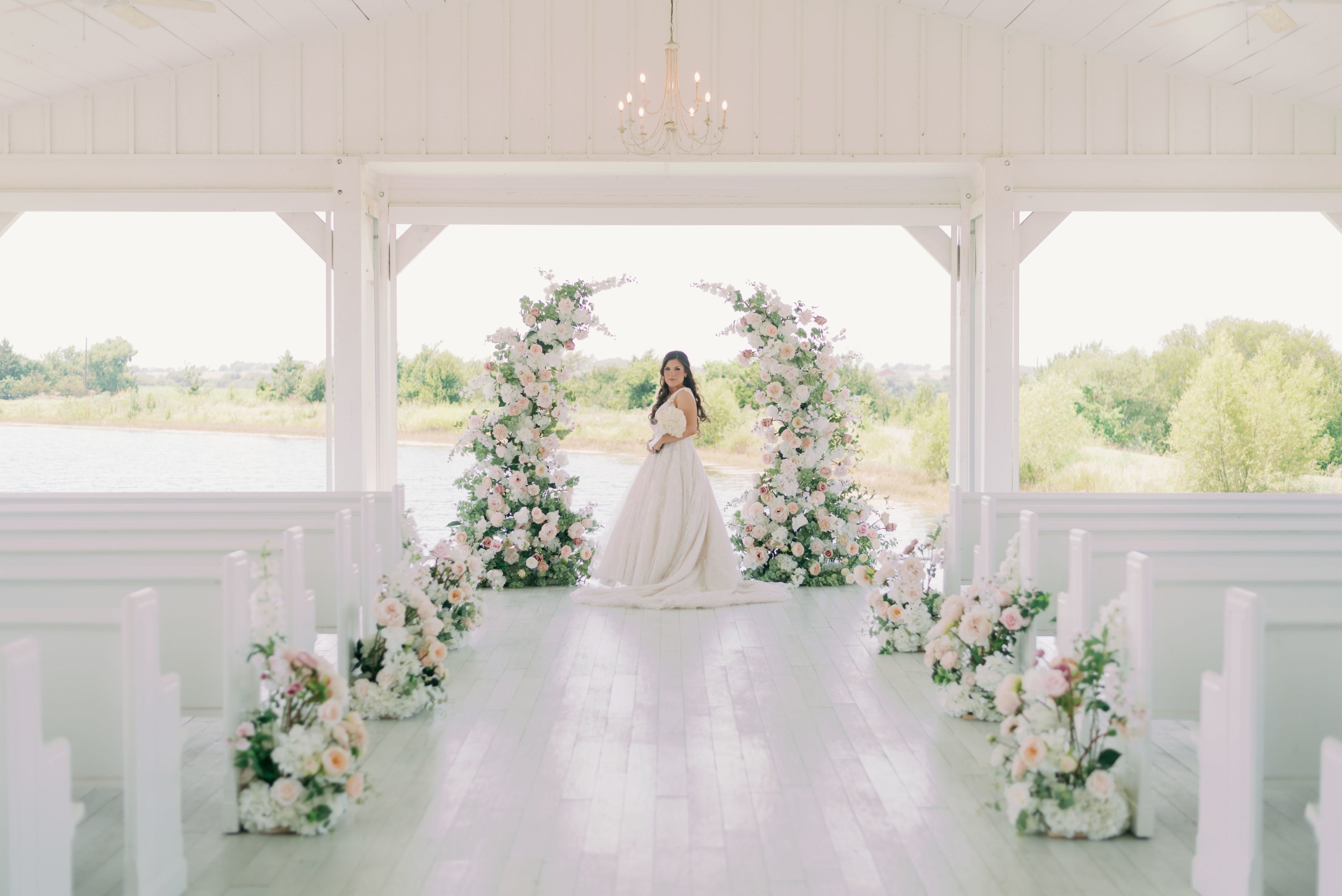 wedding-arch-rental-dallas-with-woman-in-chapel